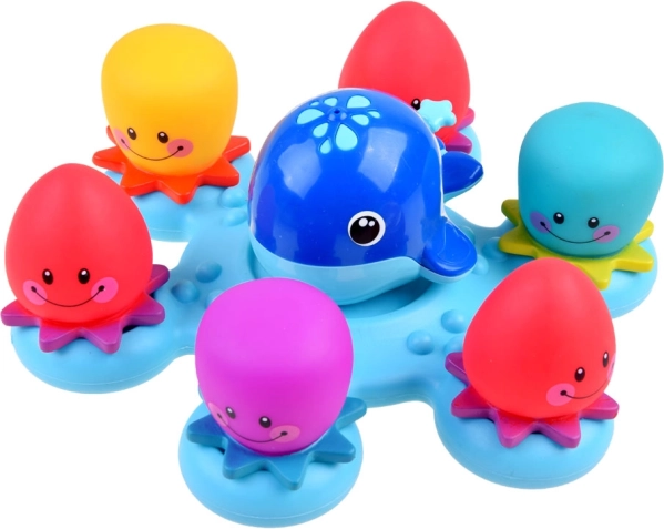Jouets de bain magiques – baleine et petites pieuvres sur une plateforme flottante