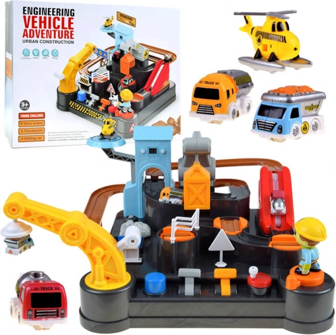 Piste de construction mécanique avec petites voitures et hélicoptère