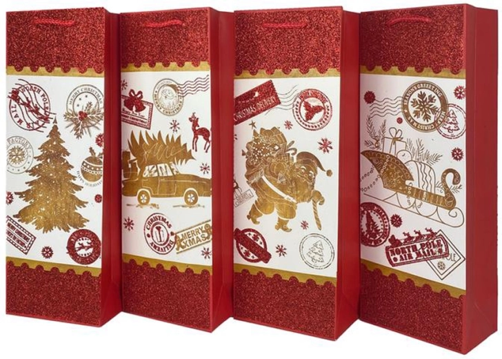 Sac cadeau de Noël pour bouteille de vin 36 × 12,5 × 8,5 cm (assortiment de 4 motifs)
