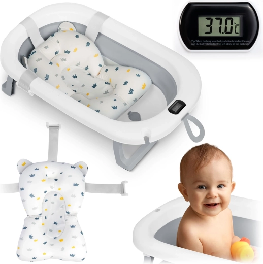 Baignoire bébé pliable avec thermomètre et insert Ricokids, blanc/gris