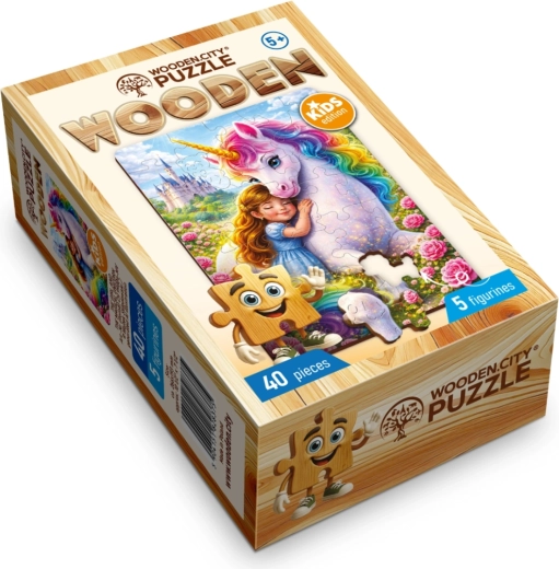 Puzzle en bois Wooden City Fille avec une licorne magique, 40 pièces