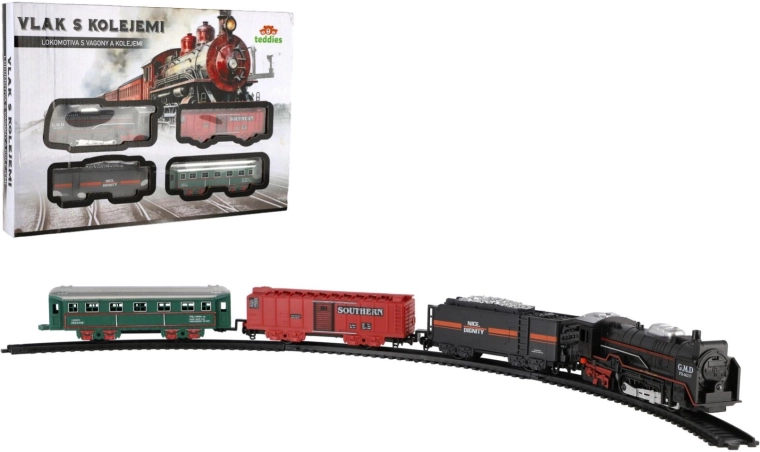 Coffret train avec rails et lumière (locomotive + 3 wagons)