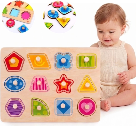 Tooky Toy puzzle d’encastrement Montessori en bois formes avec poignées - 1 pièce