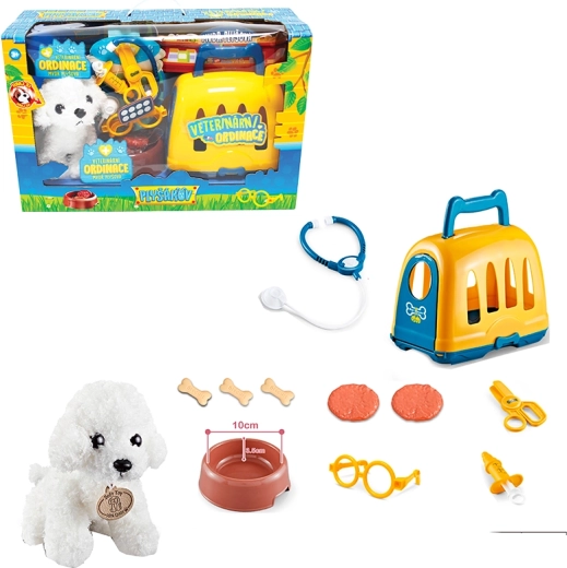 Set de vétérinaire avec caisse de transport et bichon