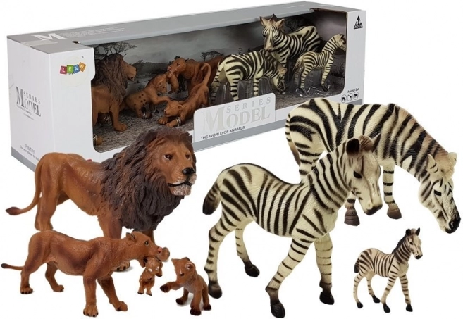 ensemble de figurines Afrique – animaux sauvages : famille de lions et zèbres
