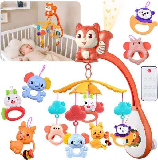 Mobile musical pour lit bébé écureuil avec projecteur et télécommande