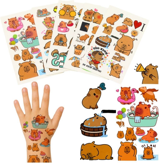 Set de tatouages temporaires lavables pour enfants capybara (10 planches)