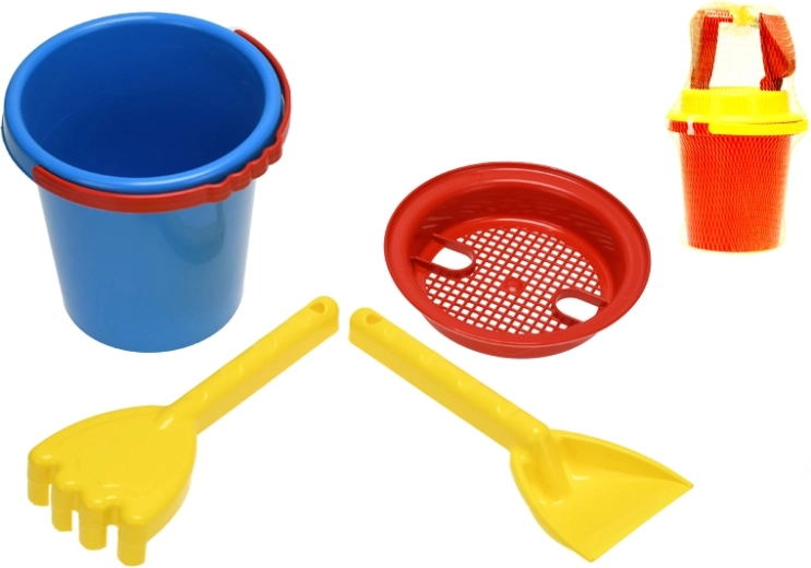 Set de plage pour enfants en filet (seau, tamis, pelle, râteau) 14 cm