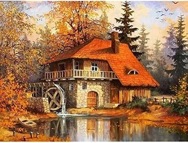 Peinture diamant maison avec moulin en automne 30 × 40 cm