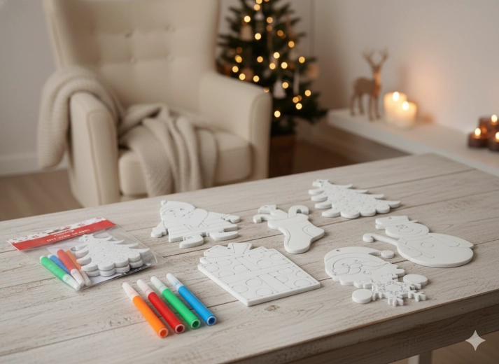 Kit créatif de Noël – 3 décorations à colorier avec 4 feutres, motifs assortis