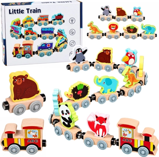Train en bois avec animaux, locomotive et 10 wagons