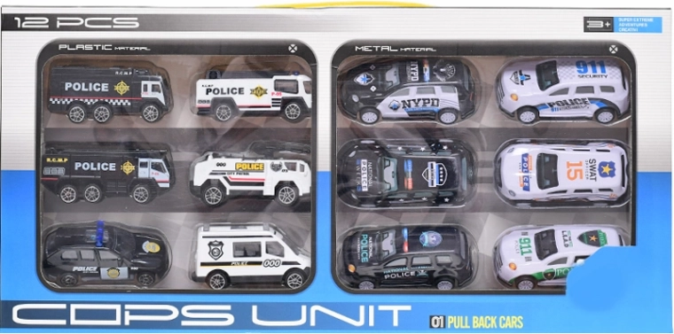 Set de petites voitures de police, 12 pcs, à roue libre et à friction