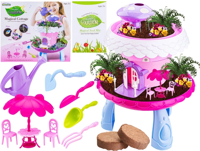 Set rose du petit jardinier avec pot de fleurs, fontaine et maisonnette pour poupées