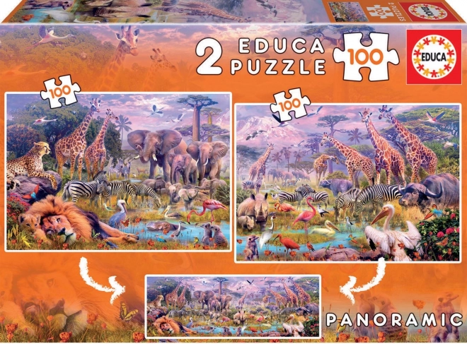 Puzzle panoramique animaux sauvages 2×100 pièces EDUCA