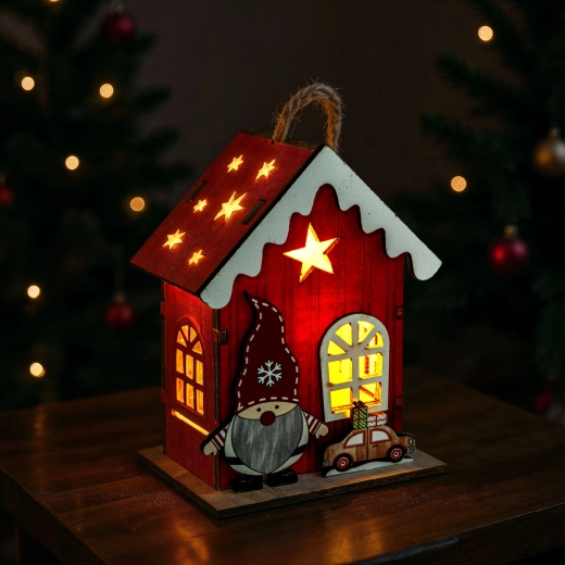 Décoration LED de Noël en forme de maison avec lutin, rouge - 1 pièce