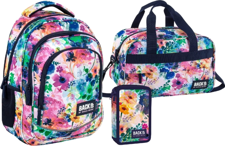 Set scolaire BackUP Spring Flowers 3-en-1 – sac à dos, trousse équipée et sac de sport