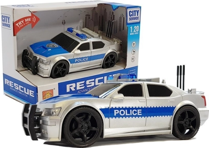 Voiture de police à piles 1:20 avec lumières et sons, argentée