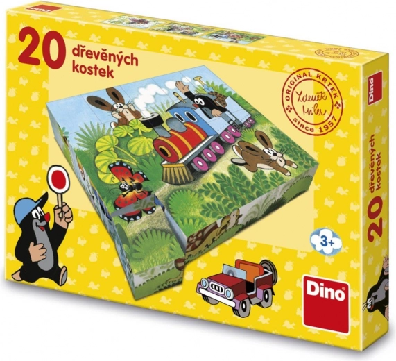 Cubes en bois illustrés Taupe et moyens de transport, 20 pcs