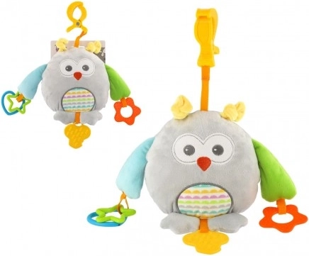 Hibou en peluche pour poussette et lit 18 × 18 cm, avec anneaux de dentition et clip