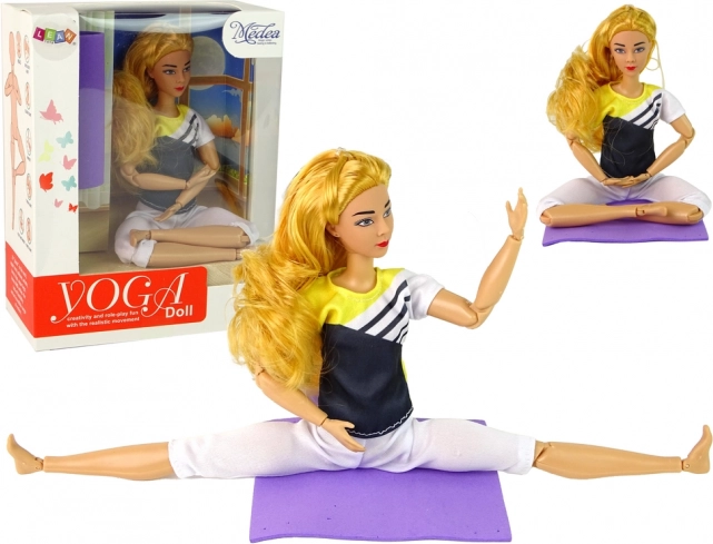 Poupée de yoga articulée avec de longs cheveux blonds et un tapis