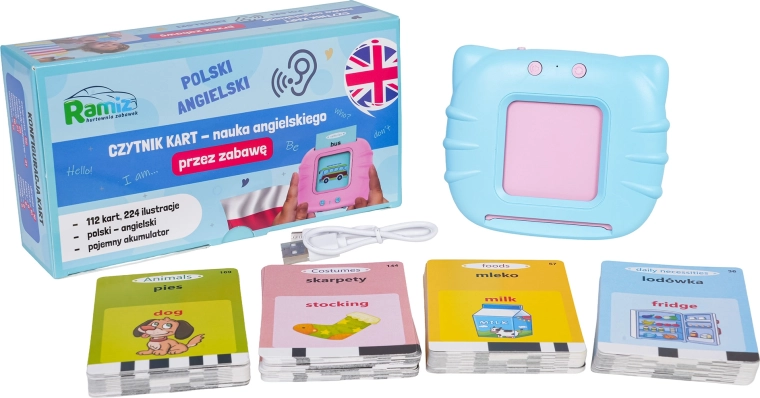 Lecteur de cartes éducatif bleu pour apprendre l’anglais et le polonais