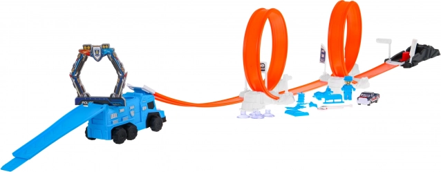 Circuit de course de police avec deux loopings et lanceur, voiture changeant de couleur (62 pièces)