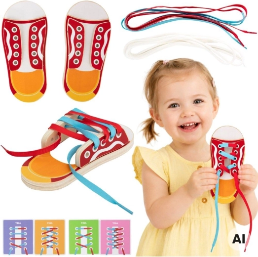 Viga chaussure d’apprentissage en bois pour enfiler les lacets et nouer un nœud et un nœud papillon 3+