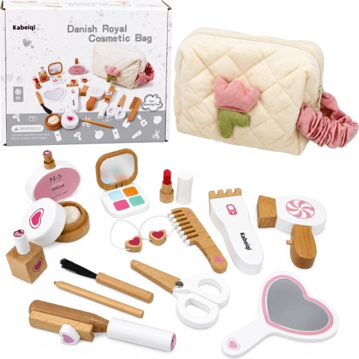 Ensemble de maquillage en bois pour enfants avec trousse de toilette (16 pièces)