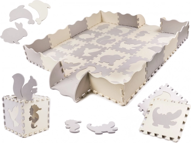 Tapis éducatif en mousse puzzle, gris et écru, 36 pièces, 150 × 150 cm