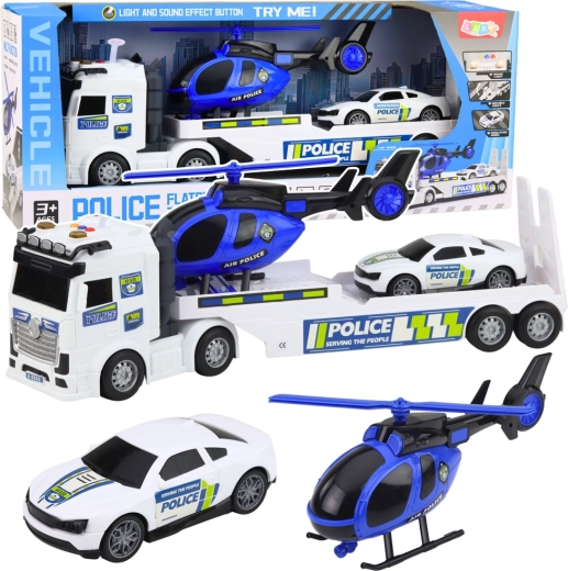 Camion de transport de police avec porte-autos, voiture et hélicoptère avec lumières et sons