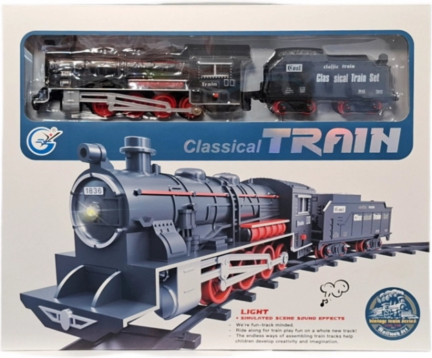 Circuit de train classique à piles avec locomotive à vapeur et wagon