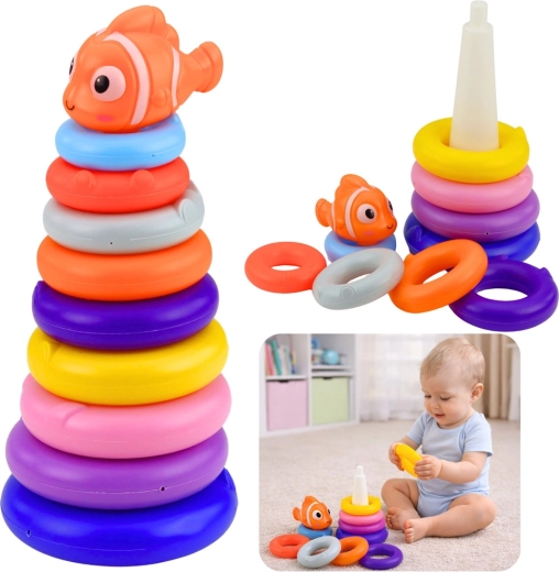 Tour éducative empilable en anneaux colorés avec petit poisson, 10 pièces