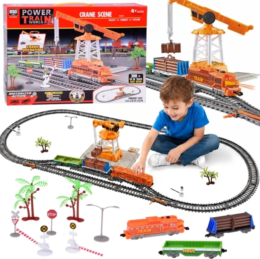 Circuit de train électrique avec grue, aiguillages et rails 300 cm
