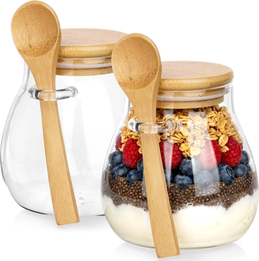 Pots en verre pour yaourts et desserts avec couvercle en bambou et cuillère, 440 ml, lot de 2