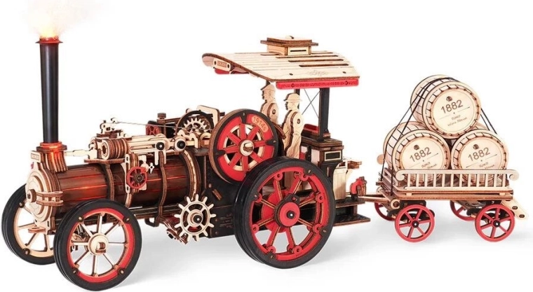 RoboTime Maquette mécanique 3D en bois – machine à vapeur avec remorque