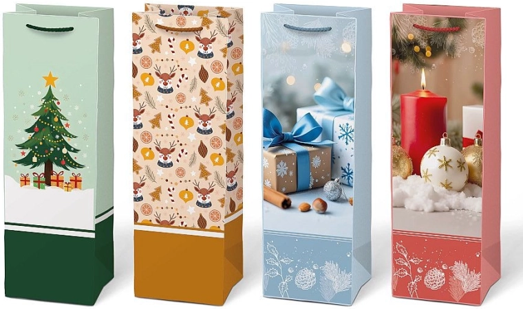 Sac cadeau en papier de Noël pour bouteille avec motif - 1 pièce