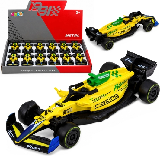 Voiture de course en métal type Formule avec mécanisme pull-back 1:43 jaune