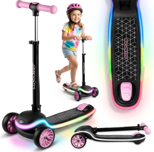 Trottinette d’équilibre tricycle pour enfants avec éclairage LED RICOKIDS Leddi – noir‑rose