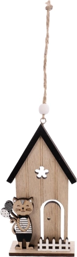 Petite maison en bois suspendue avec chat, beige