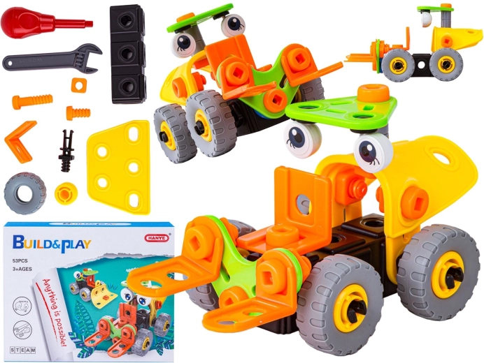 Jeu de construction élastique 2-en-1 – véhicules de chantier (chariot élévateur et bulldozer) 53 pièces