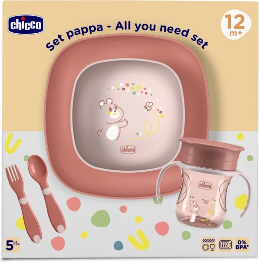 Ensemble repas Chicco pour enfants avec gobelet 360° rose 12m+