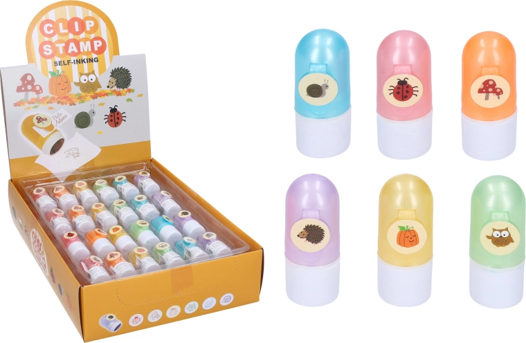 Tampon auto-encreur avec clip – assortiment d’animaux et de motifs