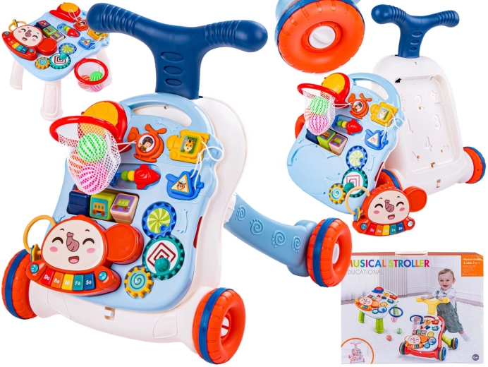 Trotteur éducatif interactif et pousseur musical 2-en-1 avec table blanc-bleu