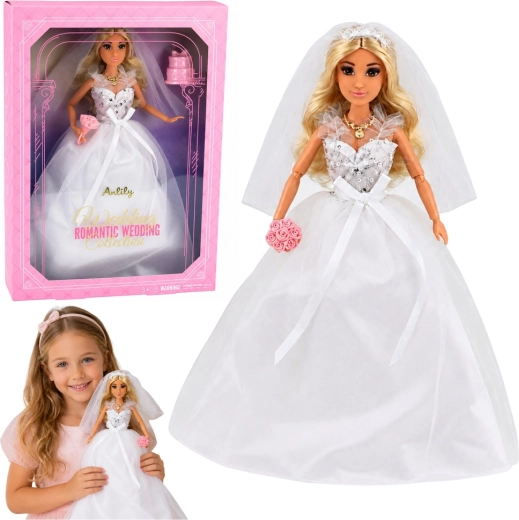 Poupée Anlily mariée en robe de mariée à sequins, avec voile, bouquet et gâteau - 1 pièce