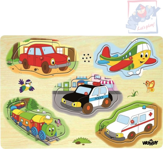 Woody puzzle sonore en bois – moyens de transport (5 pièces)