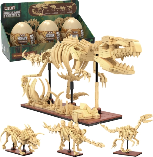 Kit de construction CaDA Dinosaur Fossils – Triceratops, Stégosaure et Vélociraptor avec possibilité de reconstruction en TYRANNOSAURUS REX, squelettes lumineux, 825 pièces