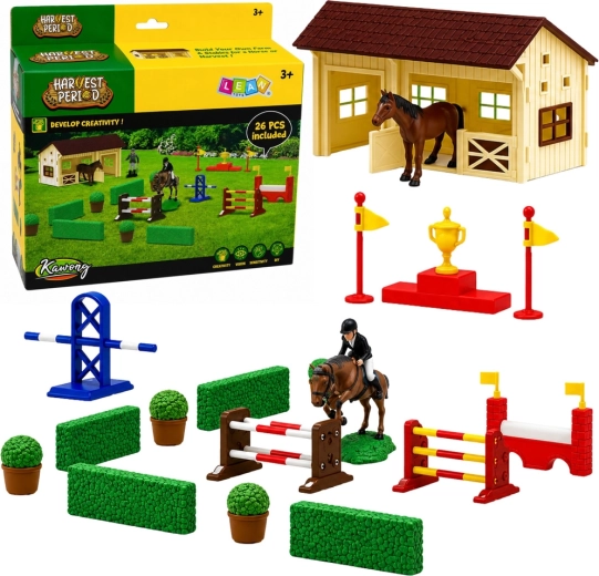 Ensemble d’écurie d’équitation avec chevaux et parcours d’obstacles – 26 pièces