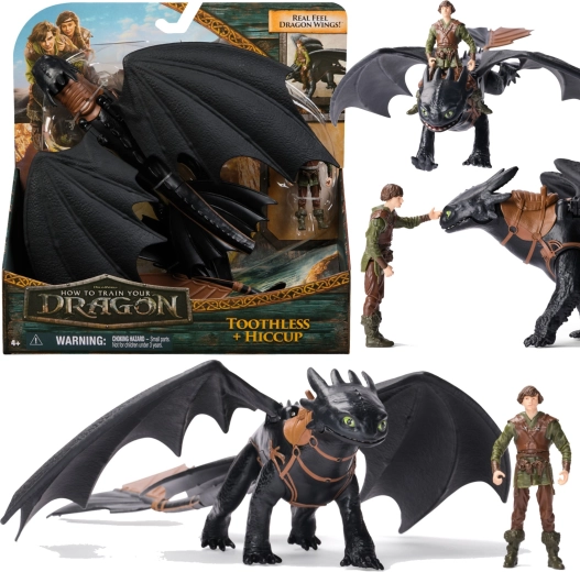 Figurine outlet Dragons : Krokmou avec ailes articulées, 33 cm – figurine du cavalier manquante