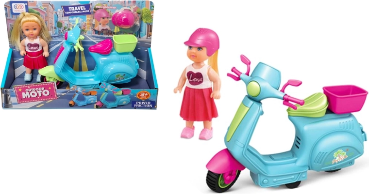 Poupée sur scooter avec panier et casque