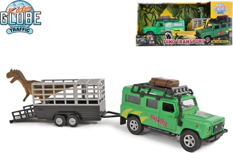 Kids Globe Traffic 4x4 LAND ROVER avec remorque et dinosaure 28 cm, métal, rétrofriction